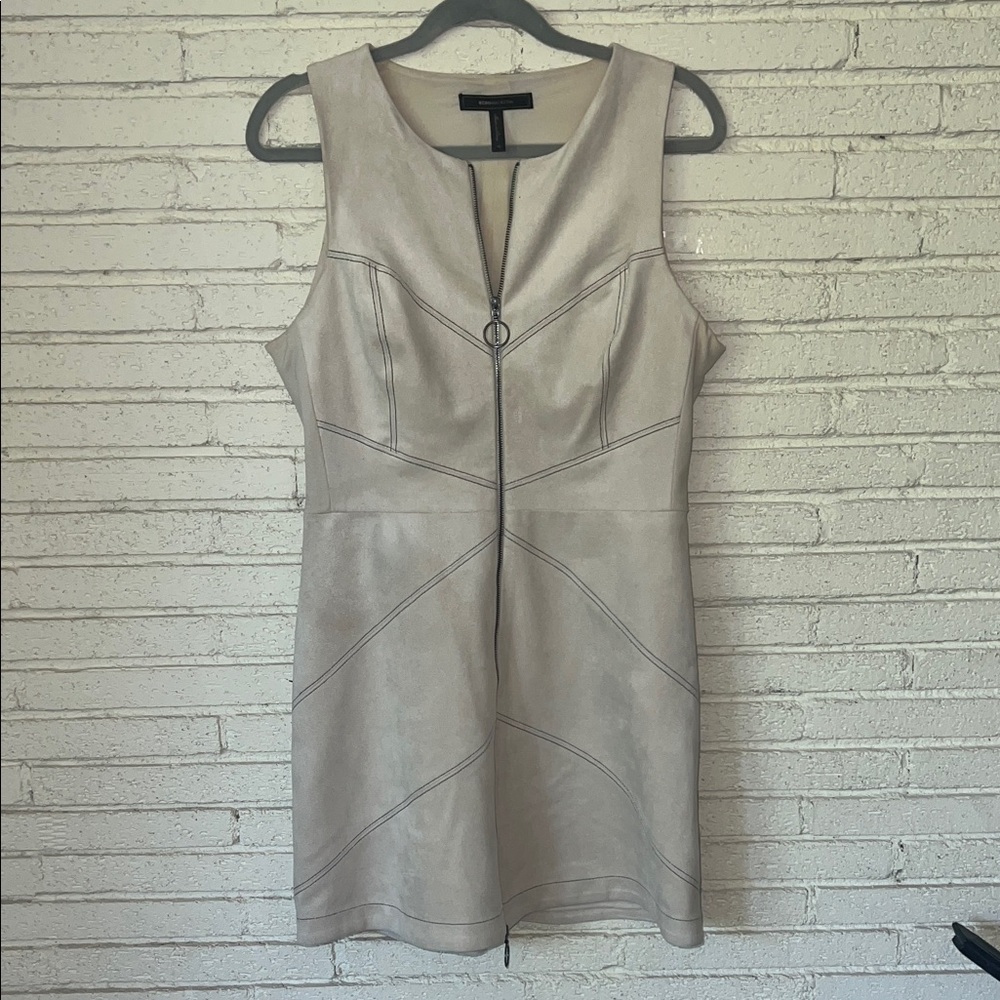 BCBG Taupe  sleeveless faux suede Dress with Zipper Detail. Fall dress